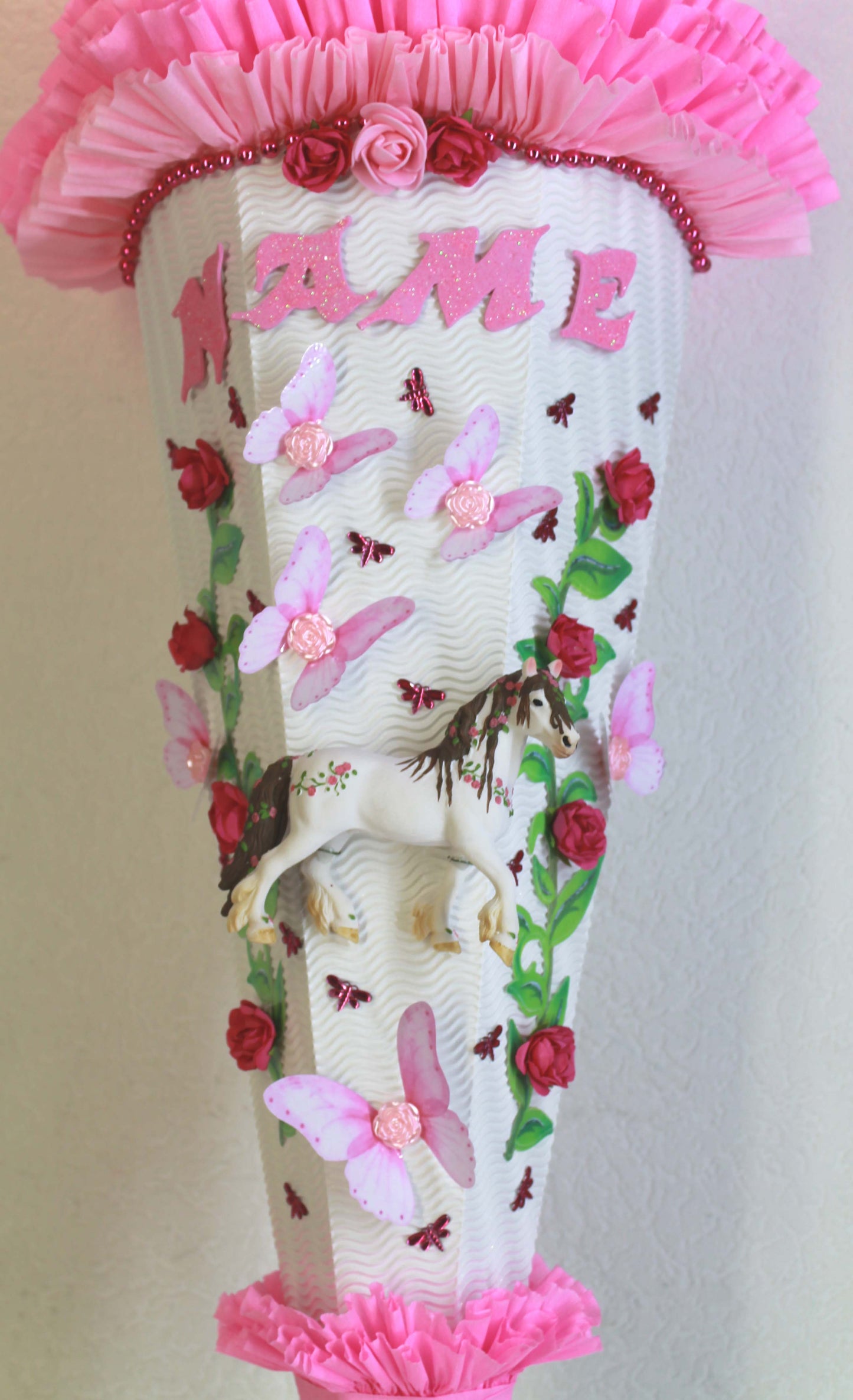 SCHULTÜTE ZUCKERTÜTE Pferdchen im Rosengarten für MÄDCHEN EINSCHULUNG 2025 rosa weiß