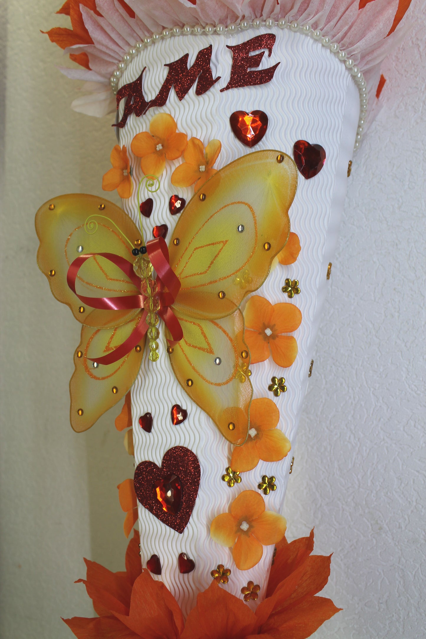 SCHULTÜTE ZUCKERTÜTE Schmetterling Herz für MÄDCHEN EINSCHULUNG 2025 orange rot weiß