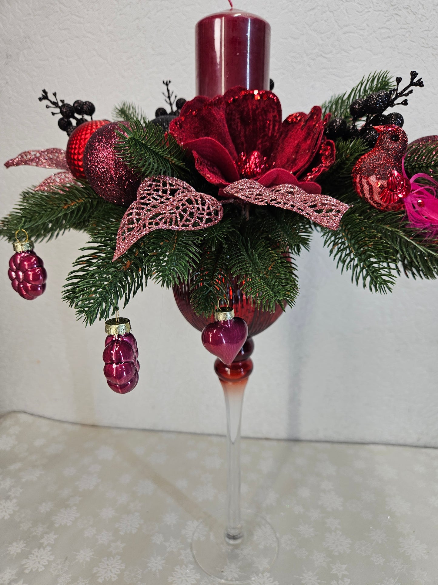 Weihnachtsgesteck, Windlicht Pokal, Weihnachtsdeko, Adventsgesteck, Tischgesteck, Festliche Dekor