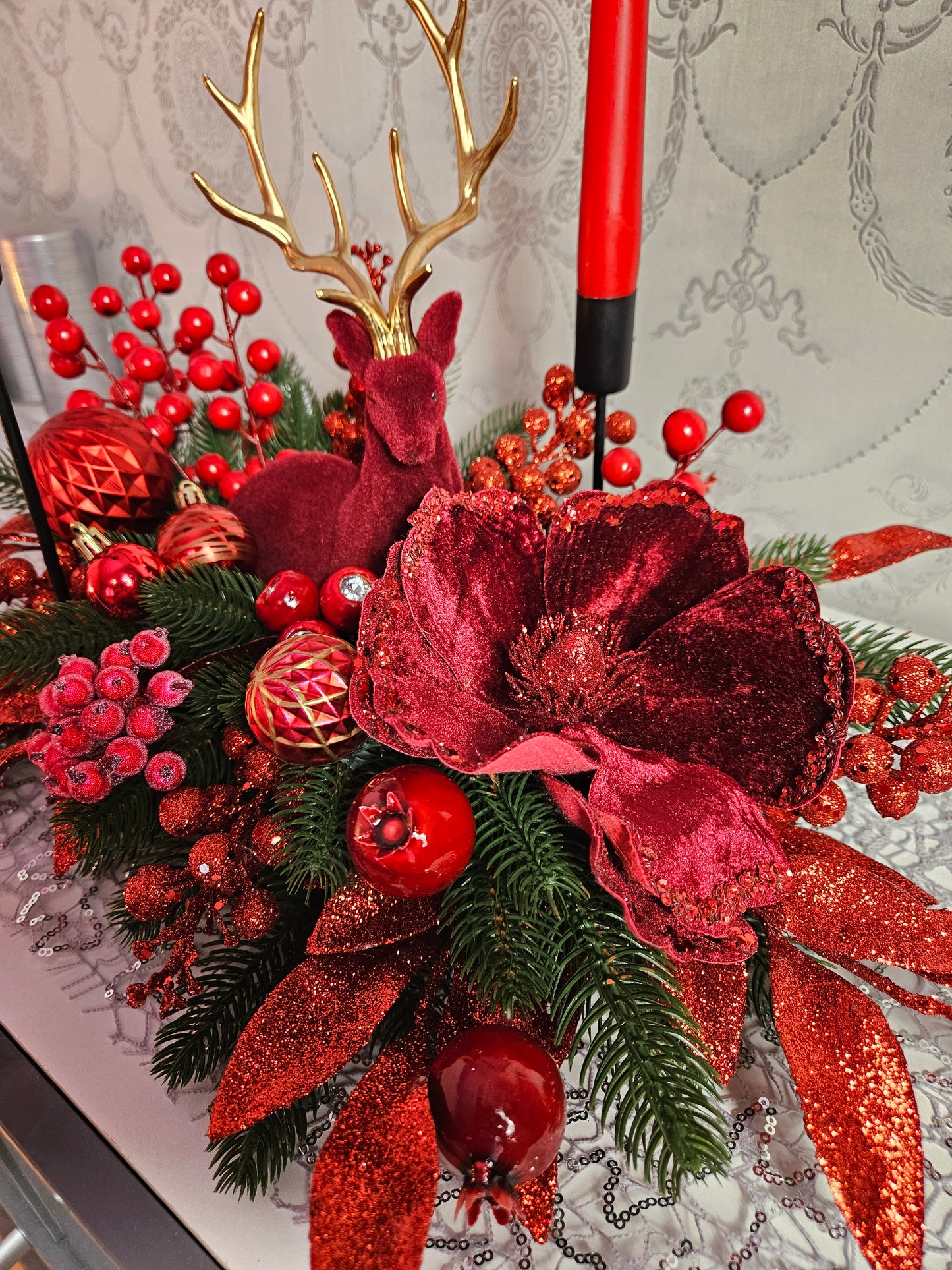 Advent Gesteck + 2 Kerzen Tischdekor Tischgesteck Winterdekor Adventdekoration mit Elch
