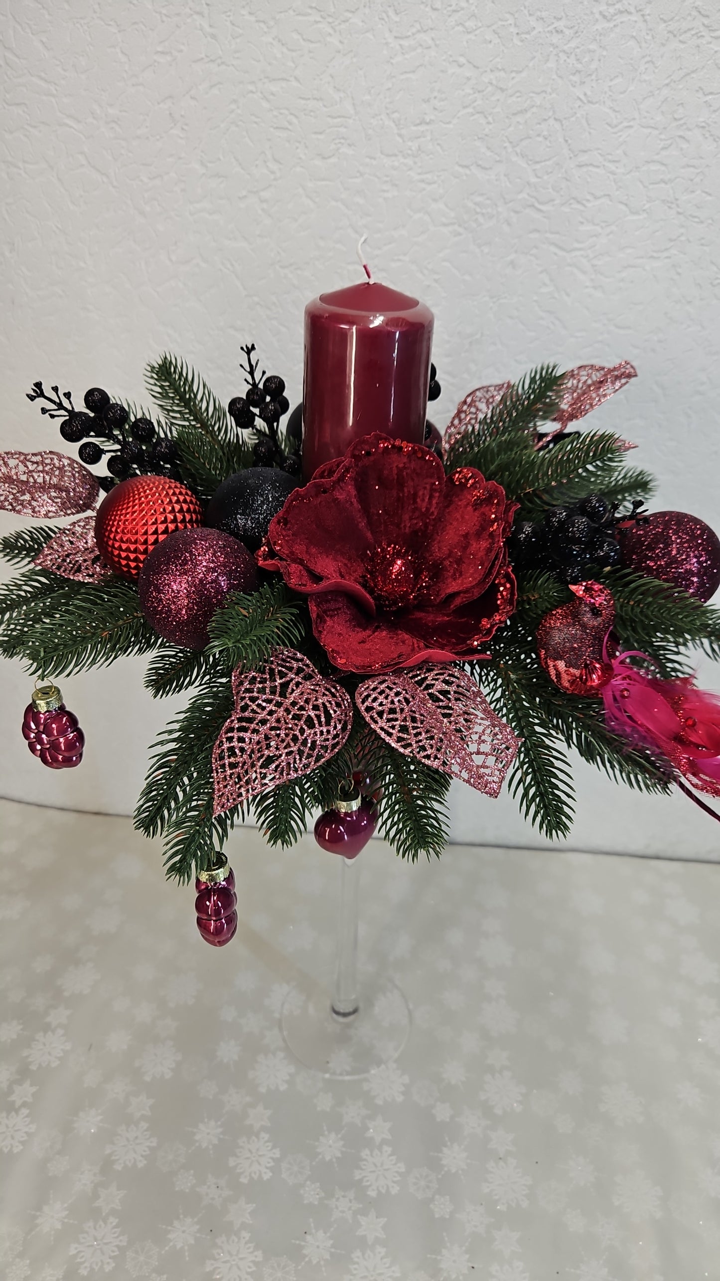 Weihnachtsgesteck, Windlicht Pokal, Weihnachtsdeko, Adventsgesteck, Tischgesteck, Festliche Dekor