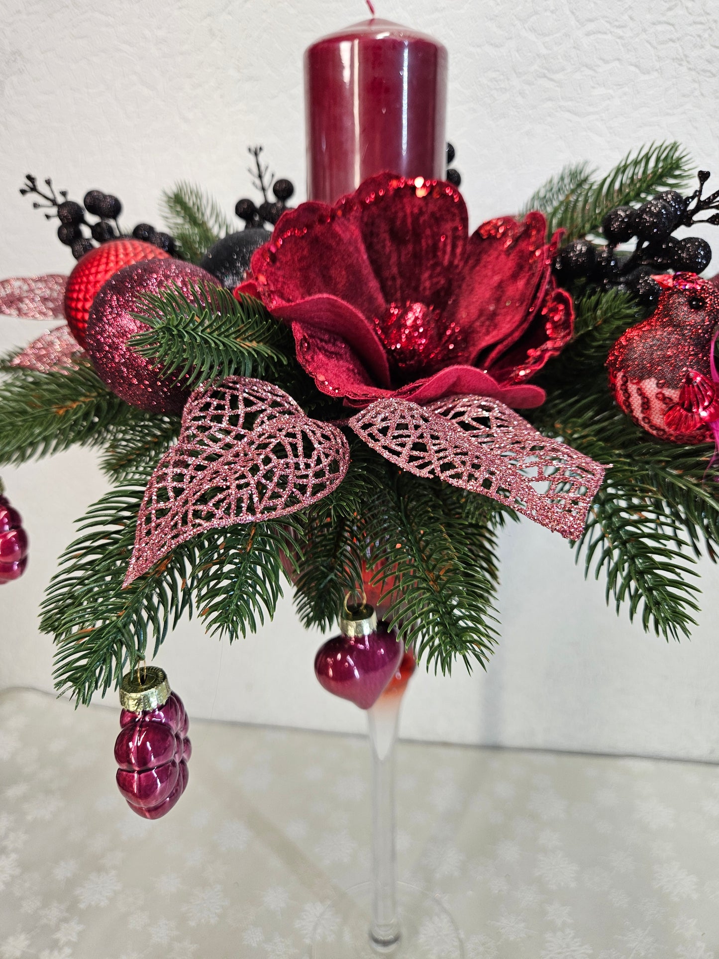 Weihnachtsgesteck, Windlicht Pokal, Weihnachtsdeko, Adventsgesteck, Tischgesteck, Festliche Dekor