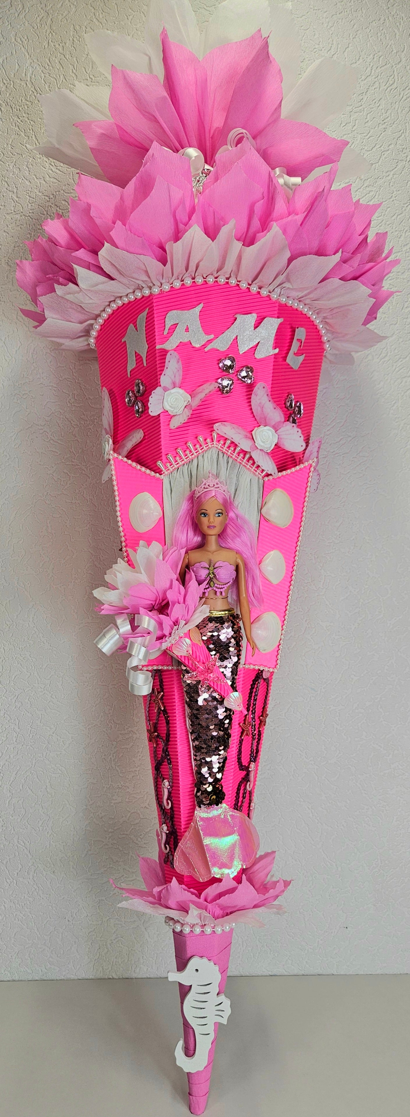 SCHULTÜTE ZUCKERTÜTE Nixe Meerjungfrau für MÄDCHEN EINSCHULUNG 2025 leuchtpink rosa weiß
