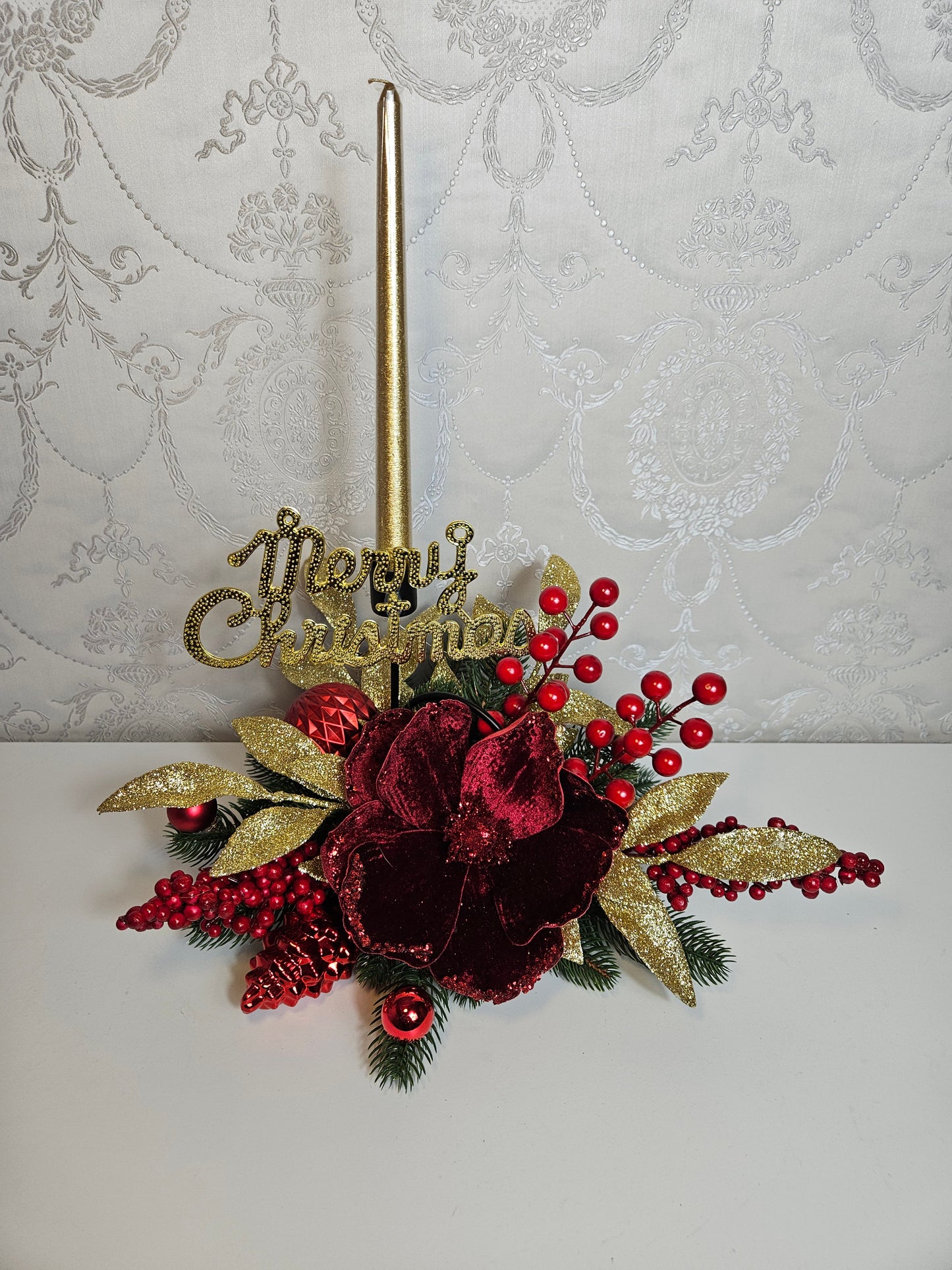 Weihnachtsgesteck + Kerze, Gesteck, Tischdekor, Tischgesteck, Winterdekor,Advent rot gold