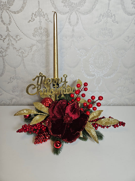 Weihnachtsgesteck + Kerze, Gesteck, Tischdekor, Tischgesteck, Winterdekor,Advent rot gold