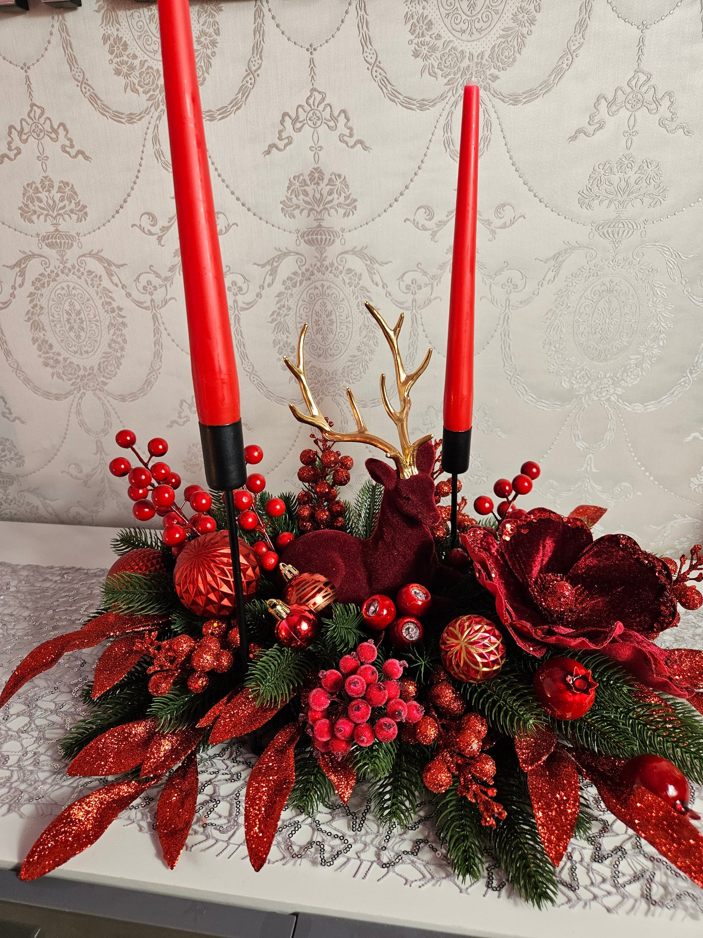 Advent Gesteck + 2 Kerzen Tischdekor Tischgesteck Winterdekor Adventdekoration mit Elch