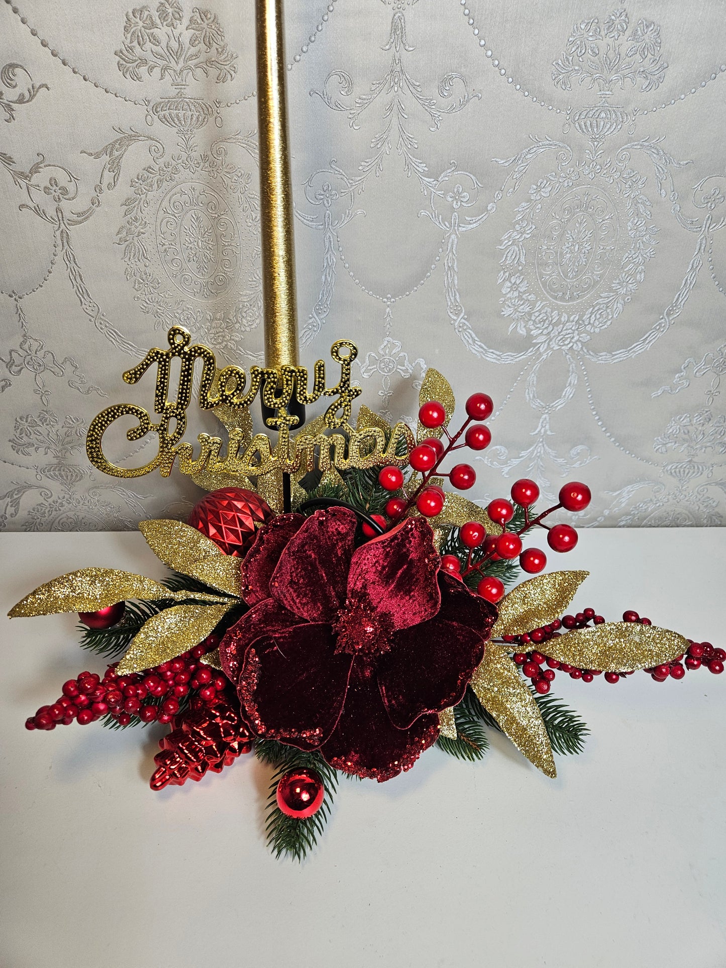 Weihnachtsgesteck + Kerze, Gesteck, Tischdekor, Tischgesteck, Winterdekor,Advent rot gold