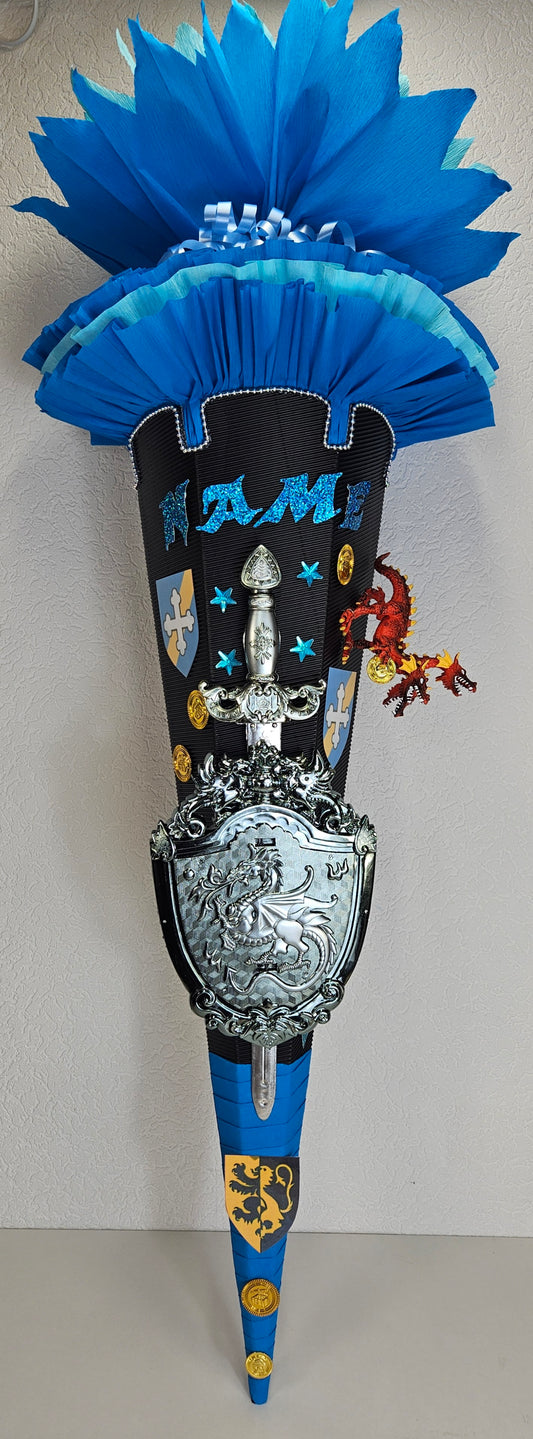 SCHULTÜTE ZUCKERTÜTE "Ritter + Drache" Rohling 85cm für Jungs blau schwarz