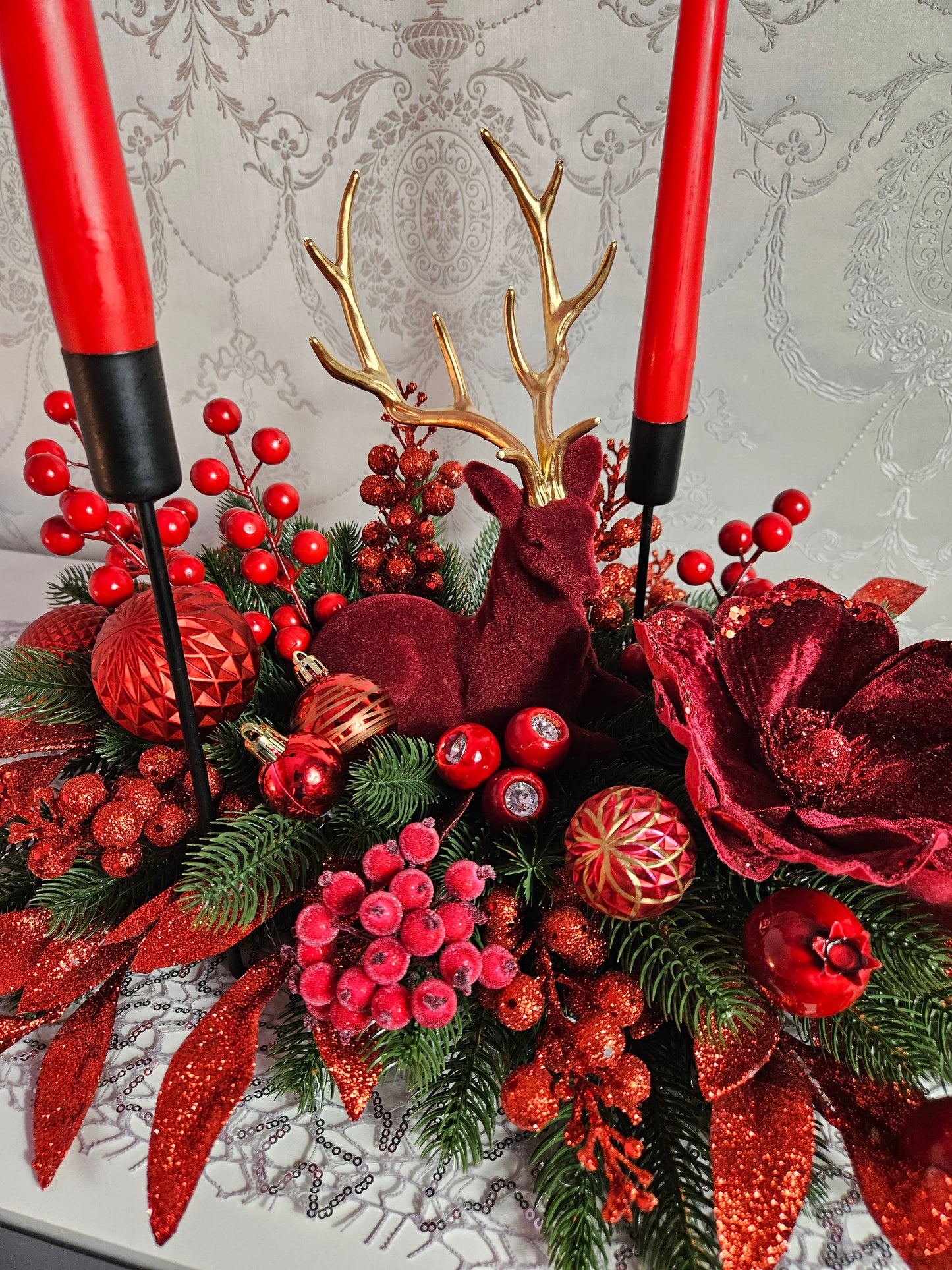 Advent Gesteck + 2 Kerzen Tischdekor Tischgesteck Winterdekor Adventdekoration mit Elch