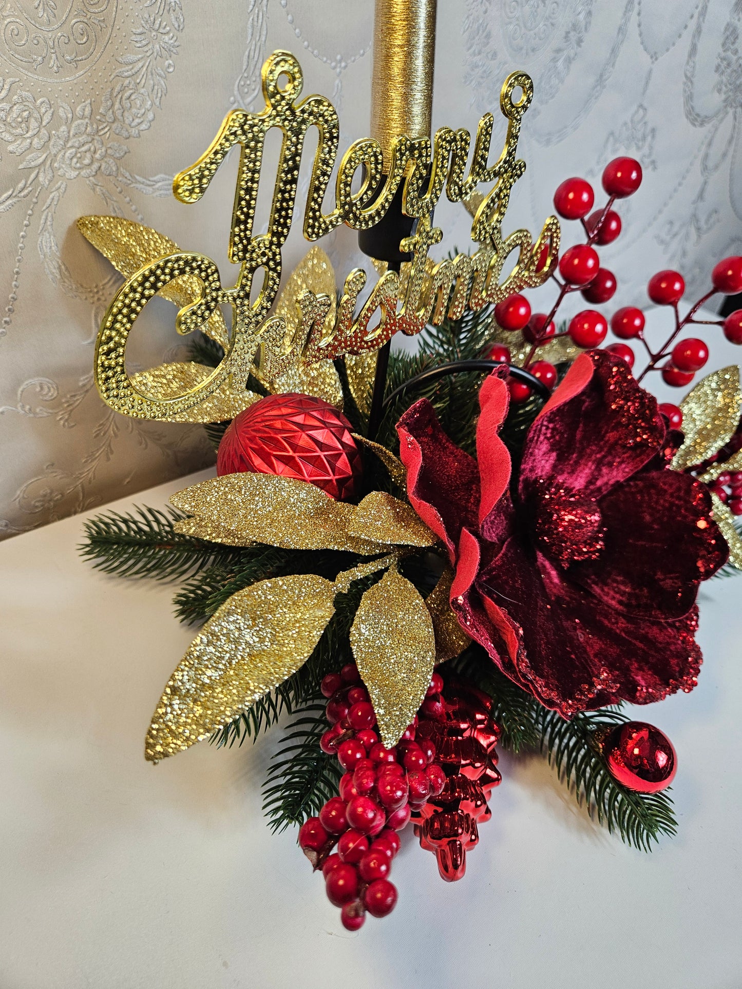 Weihnachtsgesteck + Kerze, Gesteck, Tischdekor, Tischgesteck, Winterdekor,Advent rot gold