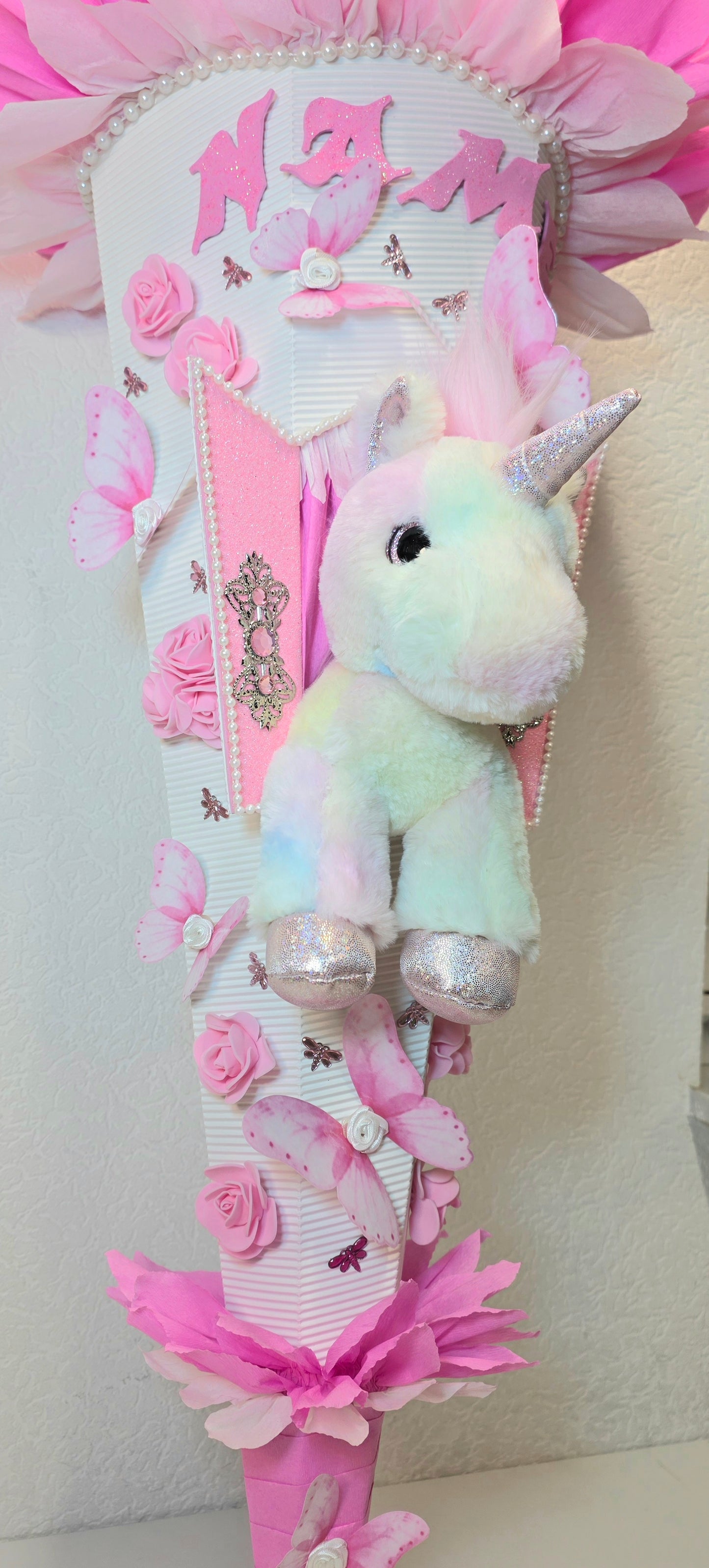 SCHULTÜTE ZUCKERTÜTE EINHORN für MÄDCHEN EINSCHULUNG in weiß rosa