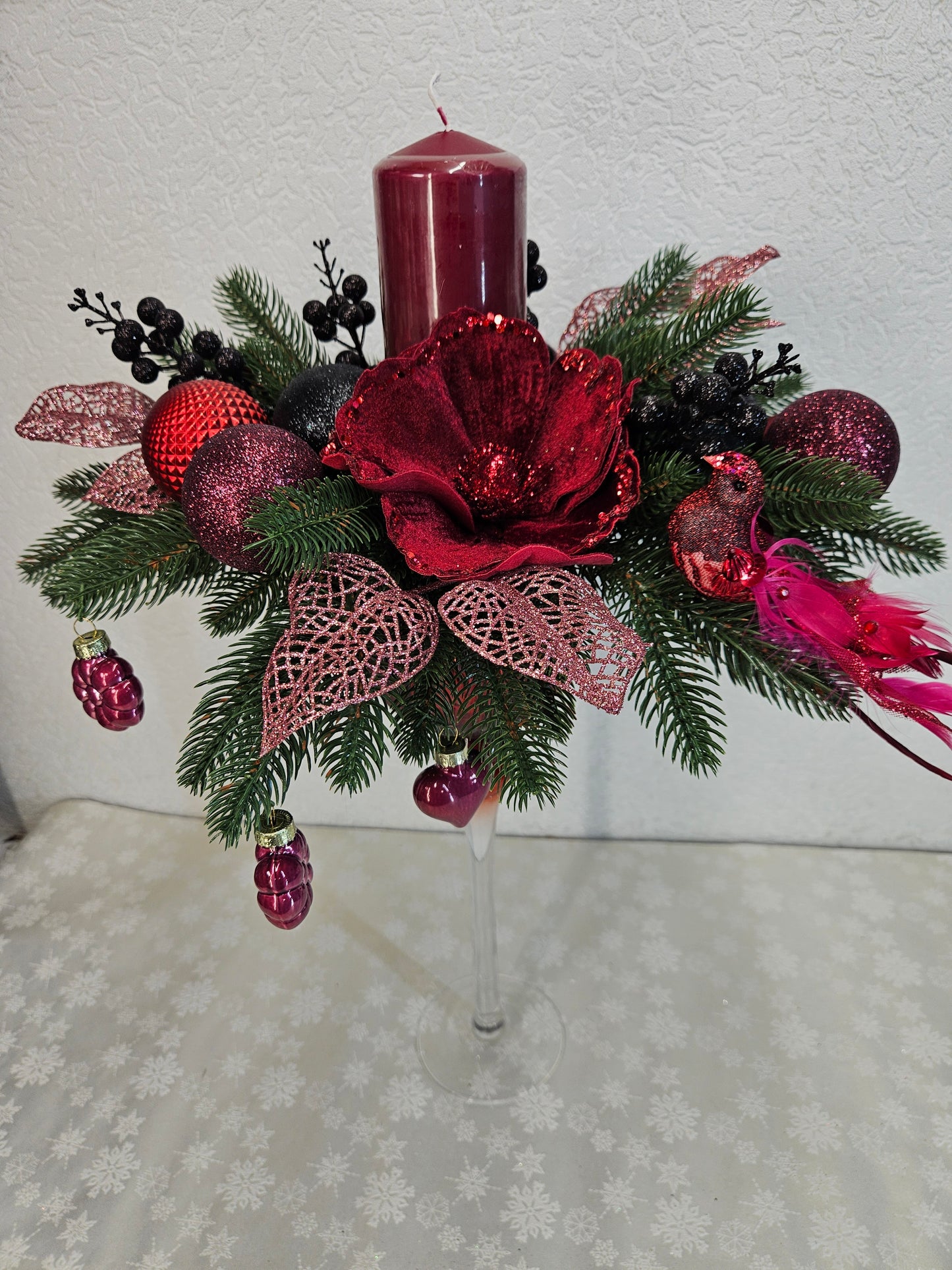 Weihnachtsgesteck, Windlicht Pokal, Weihnachtsdeko, Adventsgesteck, Tischgesteck, Festliche Dekor
