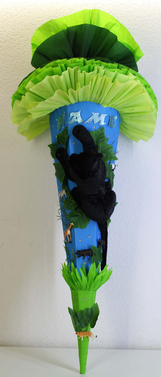 SCHULTÜTE ZUCKERTÜTE schwarze Panter Katze wilde Tiere Dschungel Safari Rohling 85cm Jungs blau grün