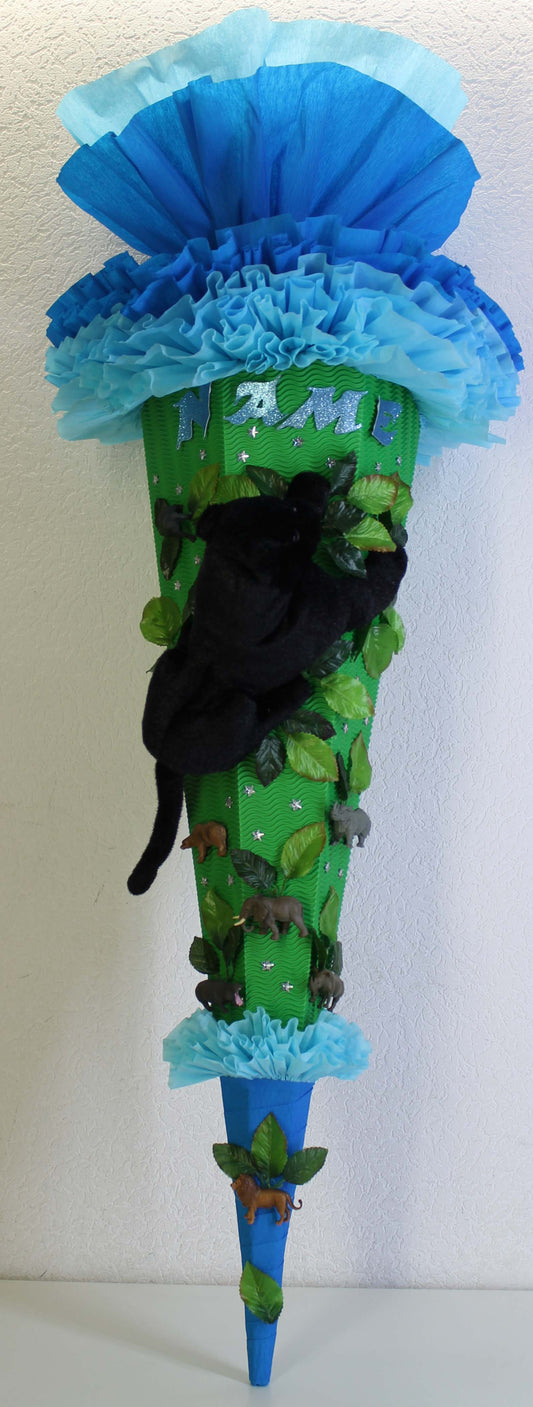 SCHULTÜTE ZUCKERTÜTE schwarze Panter Katze wilde Tiere Dschungel Safari Rohling 85cm Jungs blau grün