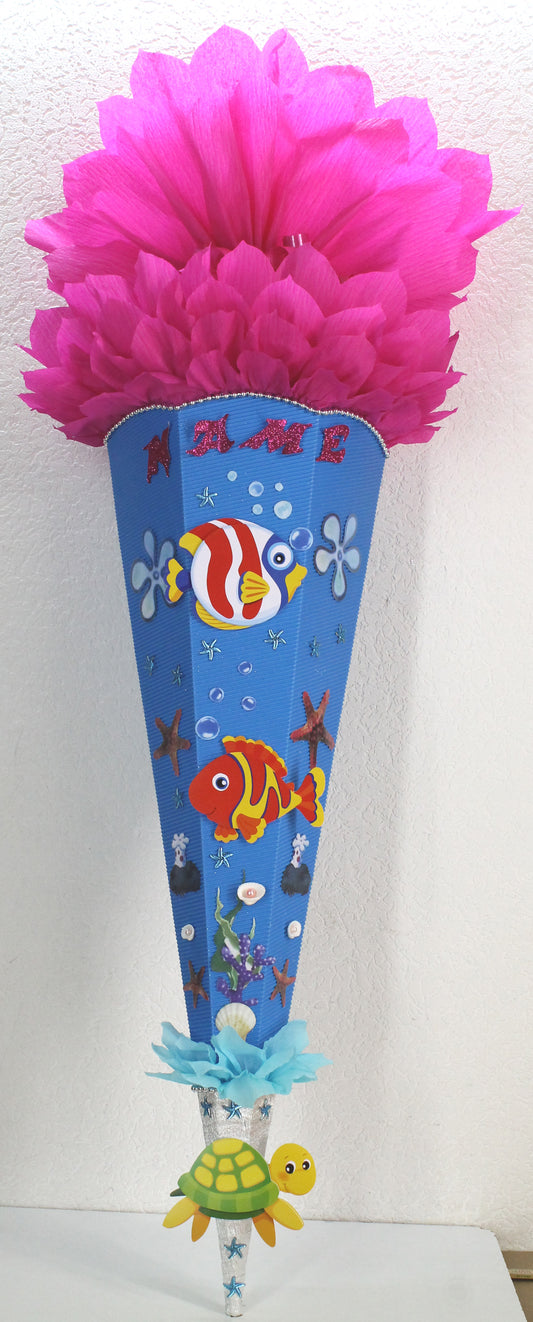 SCHULTÜTE ZUCKERTÜTE Unterwasserwelt Fische für MÄDCHEN EINSCHULUNG 2025 blau pink silber