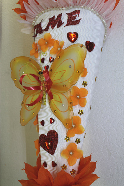 SCHULTÜTE ZUCKERTÜTE Schmetterling Herz für MÄDCHEN EINSCHULUNG 2025 orange rot weiß