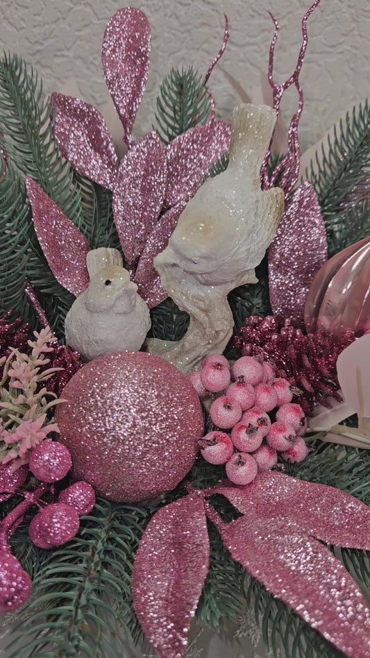 Weihnachtsgesteck, Weihnachtsdeko, Adventsgesteck, Tischgesteck, Festliche Dekor rosa weiß blaue Tanne
