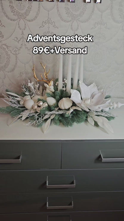 Weihnachtsgesteck + Adventsgesteck + 4 Kerzen, Kamingesteck, Chrismes, Rehe, Weihnachtsdeko Weihnachtsblumen Tischdekor, Tischgesteck, Winterdekor,Advent