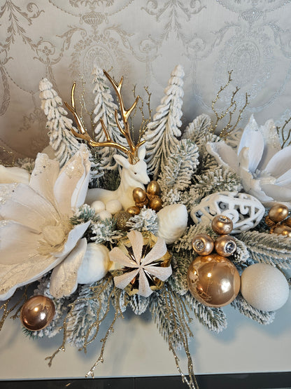 Weihnachtsgirlande + Adventsgesteck + eine Elchfigur, Kamingesteck, Chrismes, Rehe, Weihnachtsdeko Weihnachtsblumen Tischdekor, Tischgesteck, Winterdekor,Advent Weihnachtsdekoration Geschenkideen verschneite zweige weiß gold