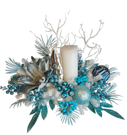 Weihnachtsgesteck + 1 Kerze, Geschenk, Tischdekor, Tischgesteck, Winterdekor,Advent weiss türkis silber