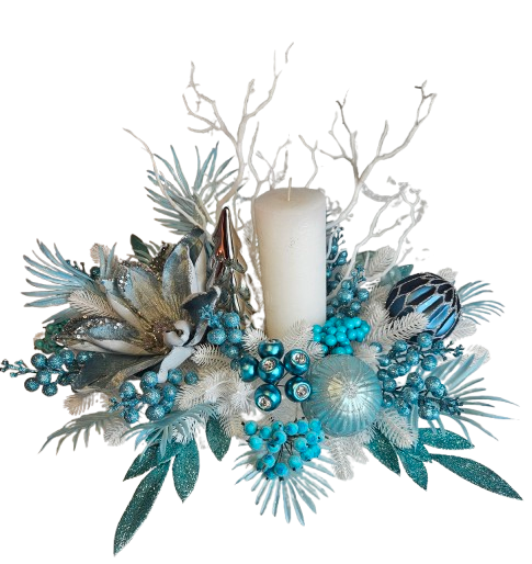 Weihnachtsgesteck + 1 Kerze, Geschenk, Tischdekor, Tischgesteck, Winterdekor,Advent weiss türkis silber