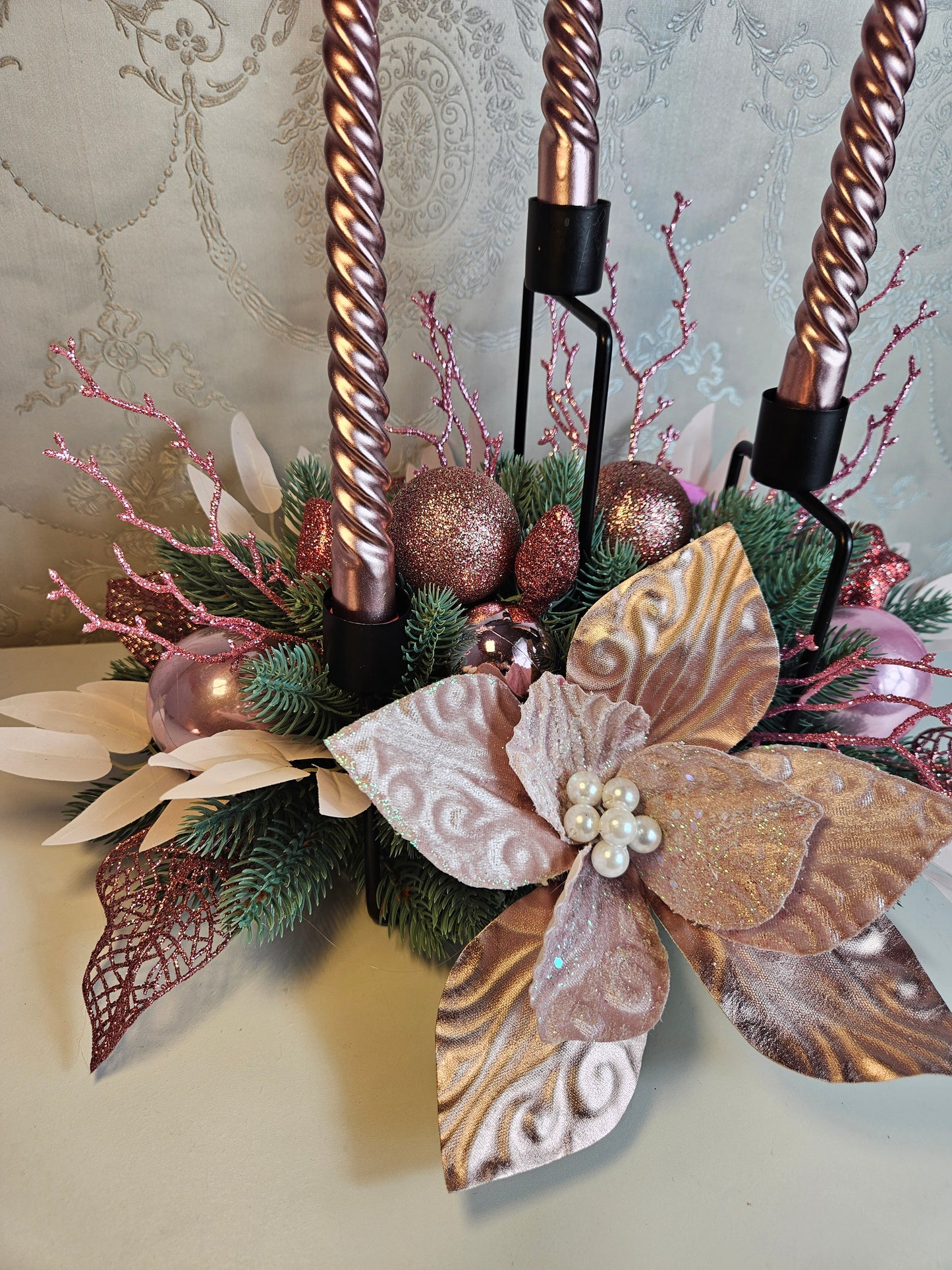 Weihnachtsdekor + Adventsgesteck Kamingesteck, Chrismes, Weihnachtsdeko Weihnachtsblumen Tischdekor, Tischgesteck, Winterdekor,Advent Weihnachtsdekoration Geschenkidee rosa grün