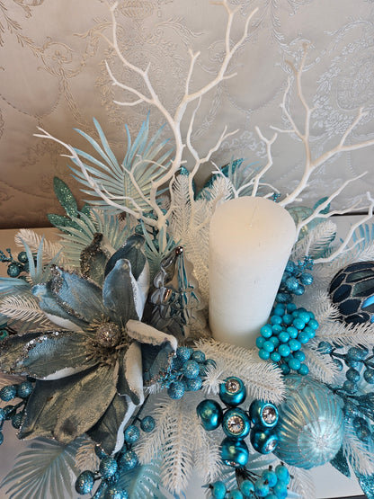 Weihnachtsgesteck + 1 Kerze, Geschenk, Tischdekor, Tischgesteck, Winterdekor,Advent weiss türkis silber