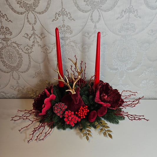 Weihnachtsdekor + Adventsgesteck + eine Elchfigur, Kamingesteck, Chrismes, Rehe, Weihnachtsdeko Weihnachtsblumen Tischdekor, Tischgesteck, Winterdekor,Advent Weihnachtsdekoration Geschenkidee Purpur rot grün