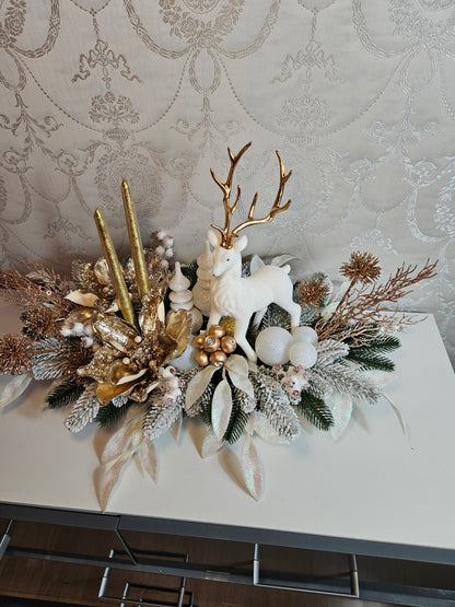 Weihnachtsgesteck + Adventsgesteck, Elch, Weihnachtsdeko Weihnachtsblumen Tischdekor, Tischgesteck, Winterdekor,Advent grün gold weiß