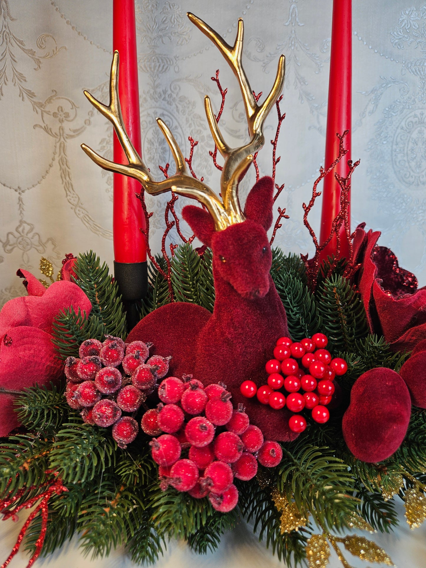 Weihnachtsdekor + Adventsgesteck + eine Elchfigur, Kamingesteck, Chrismes, Rehe, Weihnachtsdeko Weihnachtsblumen Tischdekor, Tischgesteck, Winterdekor,Advent Weihnachtsdekoration Geschenkidee Purpur rot grün