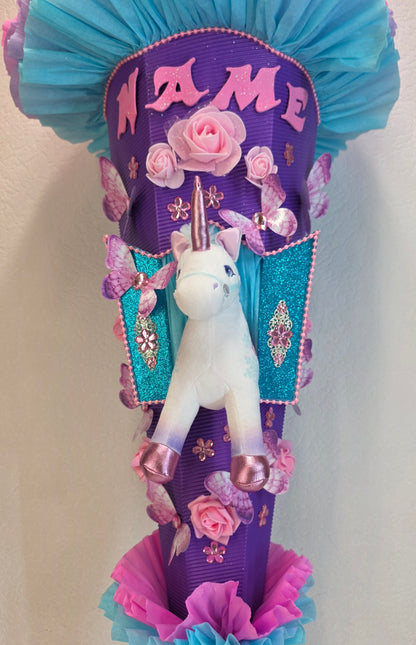 SCHULTÜTE ZUCKERTÜTE EINHORN für MÄDCHEN EINSCHULUNG in lila türkis rosa violett