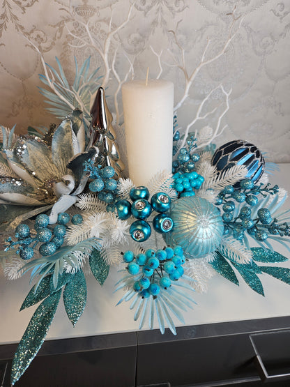 Weihnachtsgesteck + 1 Kerze, Geschenk, Tischdekor, Tischgesteck, Winterdekor,Advent weiss türkis silber