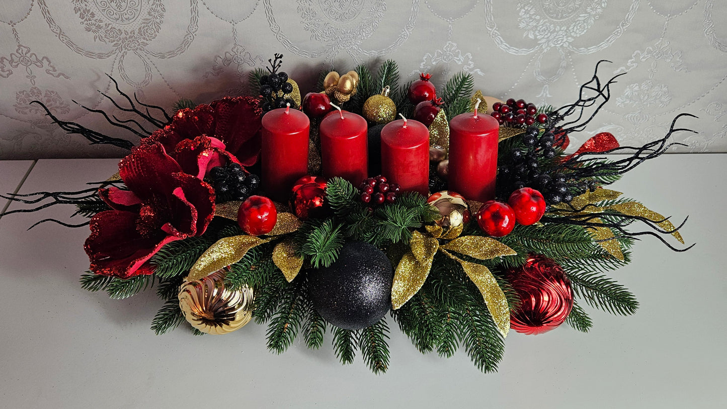 Weihnachtsgirlande + Adventsgesteck + 4 Kerzen, Kamingesteck, Chrismes, Rehe, Weihnachtsdeko Weihnachtsblumen Tischdekor, Tischgesteck, Winterdekor,Advent Weihnachtsdekoration Geschenkideen grün schwarz rot gold