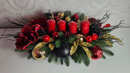 Weihnachtsgirlande + Adventsgesteck + 4 Kerzen, Kamingesteck, Chrismes, Rehe, Weihnachtsdeko Weihnachtsblumen Tischdekor, Tischgesteck, Winterdekor,Advent Weihnachtsdekoration Geschenkideen grün schwarz rot gold