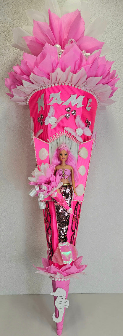 SCHULTÜTE ZUCKERTÜTE Nixe Meerjungfrau für MÄDCHEN EINSCHULUNG 2025 leuchtpink rosa weiß