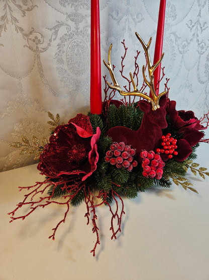Weihnachtsdekor + Adventsgesteck + eine Elchfigur, Kamingesteck, Chrismes, Rehe, Weihnachtsdeko Weihnachtsblumen Tischdekor, Tischgesteck, Winterdekor,Advent Weihnachtsdekoration Geschenkidee Purpur rot grün