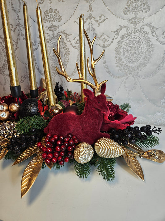 Advent Gesteck + 4 Kerzen, Tischdekor, Tischgesteck, Winterdekor, Adventdekoration rot gold schwarz