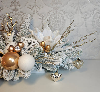 Weihnachtsgirlande + Adventsgesteck + eine Elchfigur, Kamingesteck, Chrismes, Rehe, Weihnachtsdeko Weihnachtsblumen Tischdekor, Tischgesteck, Winterdekor,Advent Weihnachtsdekoration Geschenkideen verschneite zweige weiß gold