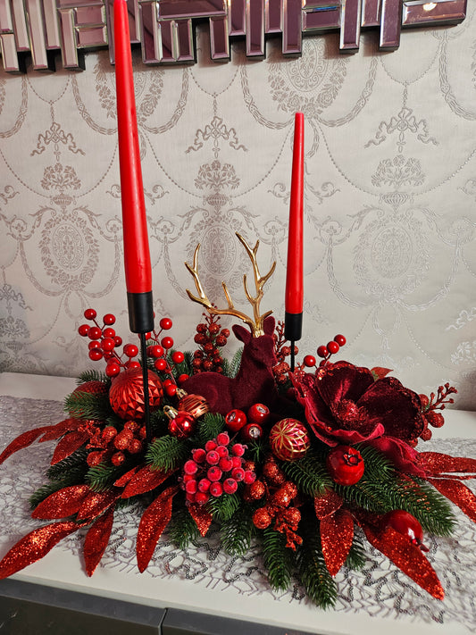 Advent Gesteck + 2 Kerzen Tischdekor Tischgesteck Winterdekor Adventdekoration mit Elch