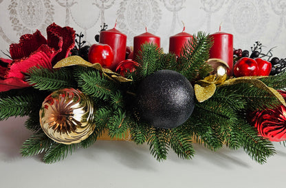 Weihnachtsgirlande + Adventsgesteck + 4 Kerzen, Kamingesteck, Chrismes, Rehe, Weihnachtsdeko Weihnachtsblumen Tischdekor, Tischgesteck, Winterdekor,Advent Weihnachtsdekoration Geschenkideen grün schwarz rot gold