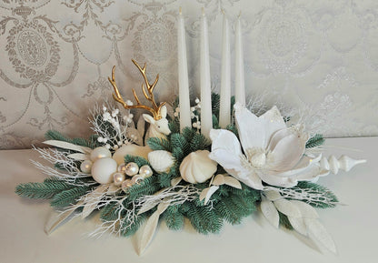 Weihnachtsgesteck + Adventsgesteck + 4 Kerzen, Kamingesteck, Chrismes, Rehe, Weihnachtsdeko Weihnachtsblumen Tischdekor, Tischgesteck, Winterdekor,Advent