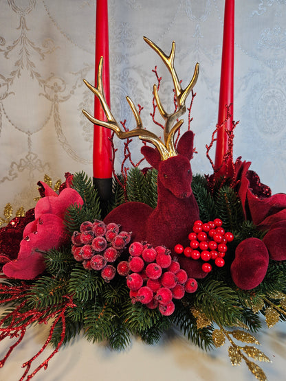 Weihnachtsdekor + Adventsgesteck + eine Elchfigur, Kamingesteck, Chrismes, Rehe, Weihnachtsdeko Weihnachtsblumen Tischdekor, Tischgesteck, Winterdekor,Advent Weihnachtsdekoration Geschenkidee Purpur rot grün