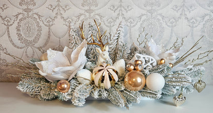 Weihnachtsgirlande + Adventsgesteck + eine Elchfigur, Kamingesteck, Chrismes, Rehe, Weihnachtsdeko Weihnachtsblumen Tischdekor, Tischgesteck, Winterdekor,Advent Weihnachtsdekoration Geschenkideen verschneite zweige weiß gold