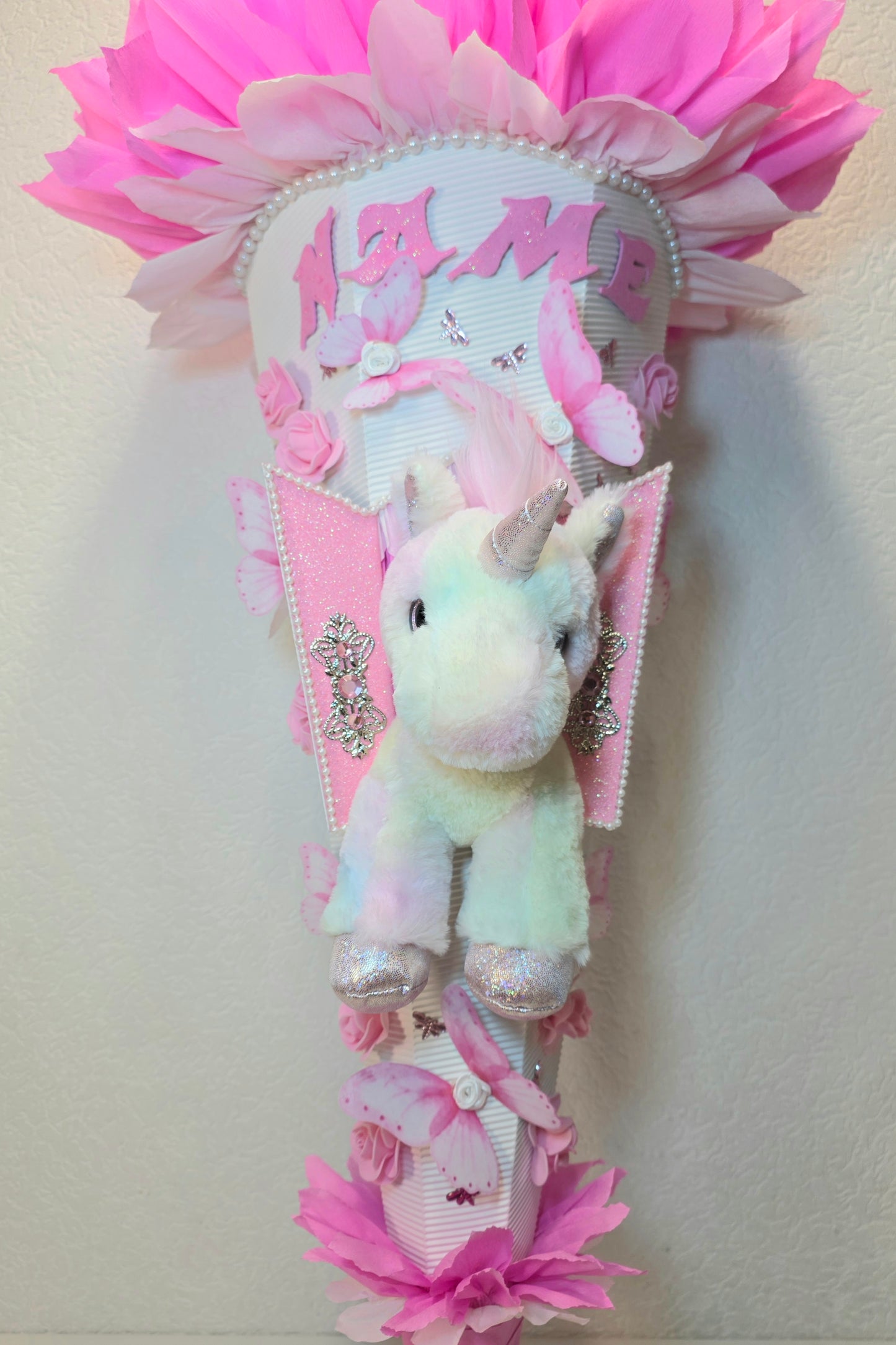SCHULTÜTE ZUCKERTÜTE EINHORN für MÄDCHEN EINSCHULUNG in weiß rosa
