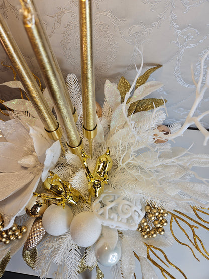 Weihnachtsgesteck + 4 Kerzen + 2 Rehe/Hirsche, Geschenk, Tischdekor, Tischgesteck, Winterdekor,Advent weiss gold