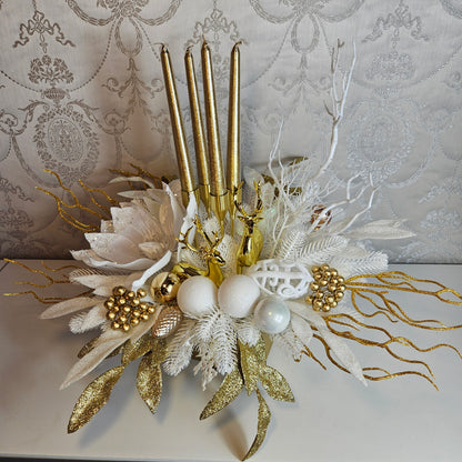 Weihnachtsgesteck + 4 Kerzen + 2 Rehe/Hirsche, Geschenk, Tischdekor, Tischgesteck, Winterdekor,Advent weiss gold
