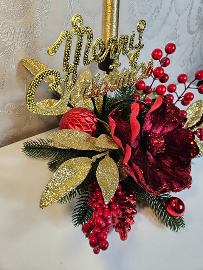 Weihnachtsgesteck + Kerze, Gesteck, Tischdekor, Tischgesteck, Winterdekor,Advent rot gold