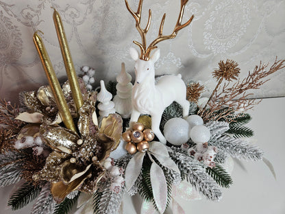 Weihnachtsgesteck + Adventsgesteck, Elch, Weihnachtsdeko Weihnachtsblumen Tischdekor, Tischgesteck, Winterdekor,Advent grün gold weiß