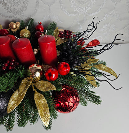 Weihnachtsgirlande + Adventsgesteck + 4 Kerzen, Kamingesteck, Chrismes, Rehe, Weihnachtsdeko Weihnachtsblumen Tischdekor, Tischgesteck, Winterdekor,Advent Weihnachtsdekoration Geschenkideen grün schwarz rot gold