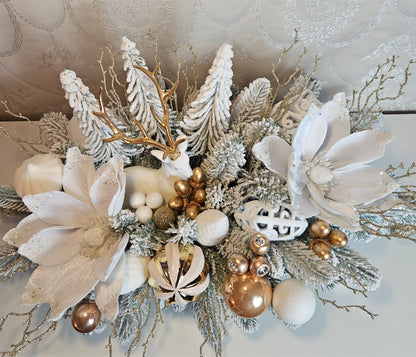 Weihnachtsgirlande + Adventsgesteck + eine Elchfigur, Kamingesteck, Chrismes, Rehe, Weihnachtsdeko Weihnachtsblumen Tischdekor, Tischgesteck, Winterdekor,Advent Weihnachtsdekoration Geschenkideen verschneite zweige weiß gold